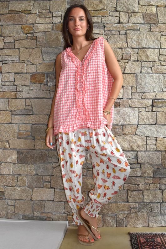 Nonni Gingham Ruffle Front Tank Sherbet Coral